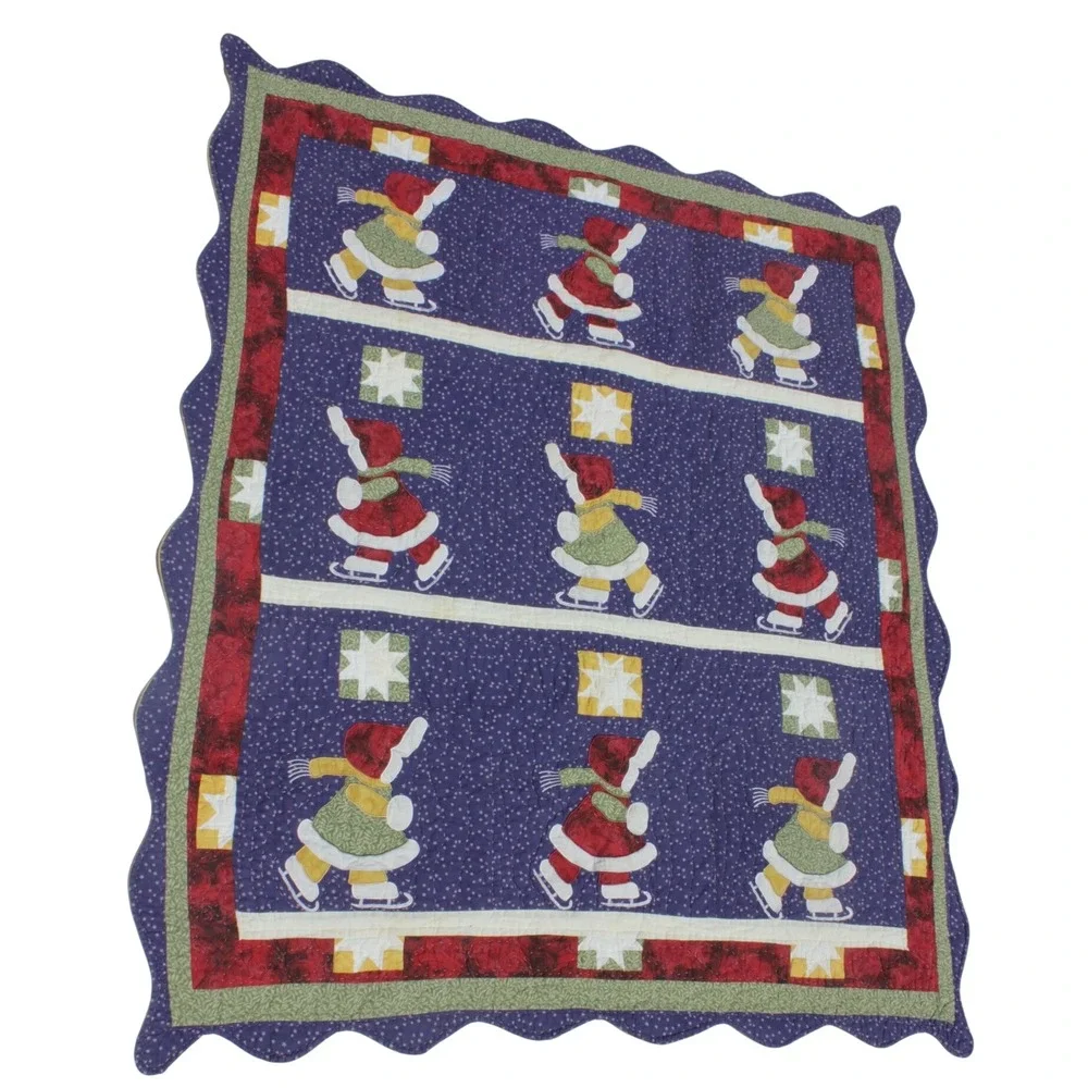 Vintage Handmade Christmas Lap Quilt Throw Ice Skating Girls 49x58